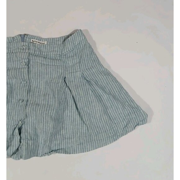Reformation Carol Linen Pleated Mini Skirt Size 10 Blue Stripe Buttons Preppy - Picture 4 of 12